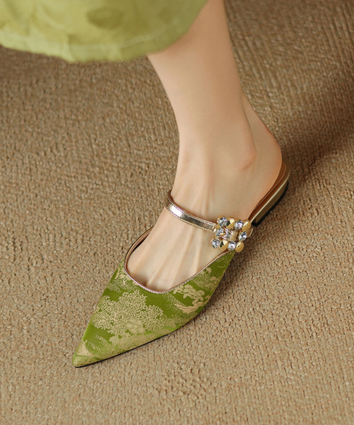 Green Chinese Style Splicing Zircon Slide Sandals Pointed Toe WT001 Sandals Payment