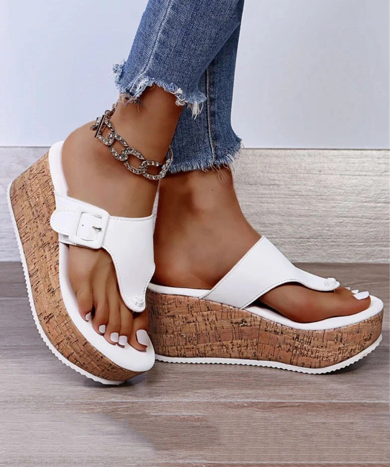 Granada Sandals White Wedge Heels Boho Splicing Flip Flops Slide Sandals UU007