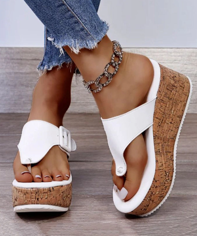 Sandals At Academy White Wedge Heels Boho Splicing Flip Flops Slide Sandals UU007