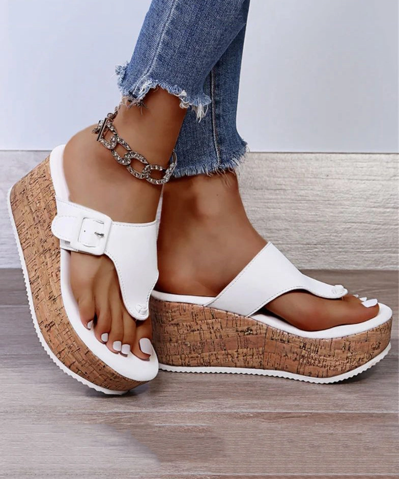 White Wedge Heels Boho Splicing Flip Flops Slide Sandals UU007 Saltwater