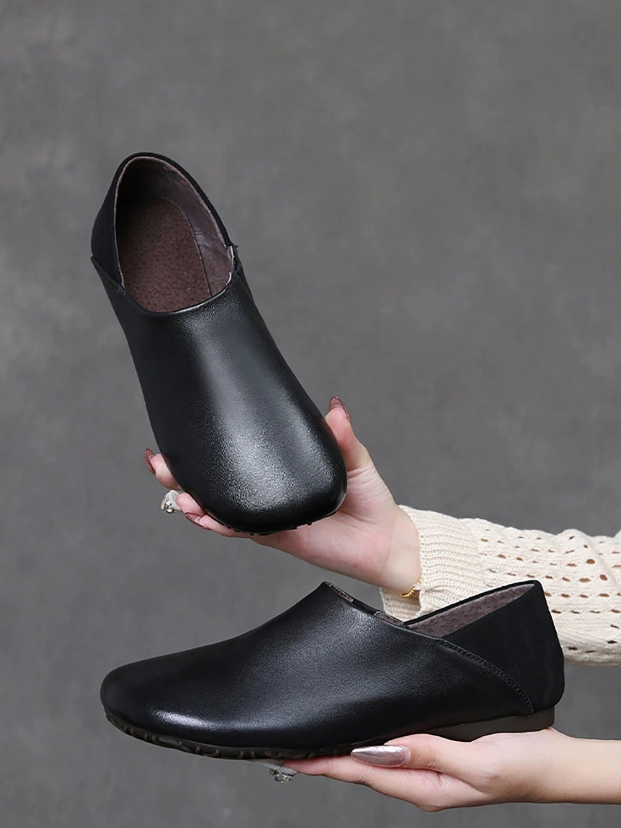 Cream Spliced Leather Flat Soft Women Vintage Shoes