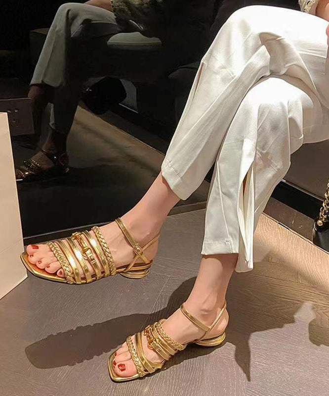 Unique Splicing Sandals Peep Toe Gold Sheepskin Hollow Out OI029 Camping Sandals