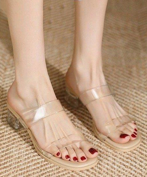 Fashion Apricot Clear Chunky Women Slide Sandals Peep Toe AP1057 Rockstud Flat Sandals