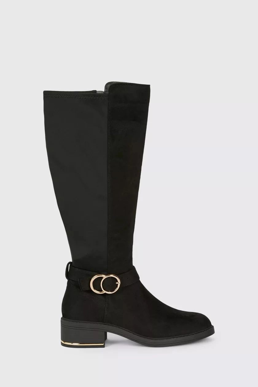 Wide Fit Kenya Buckle Detail Boot Black Wide Toe Knee High Boots