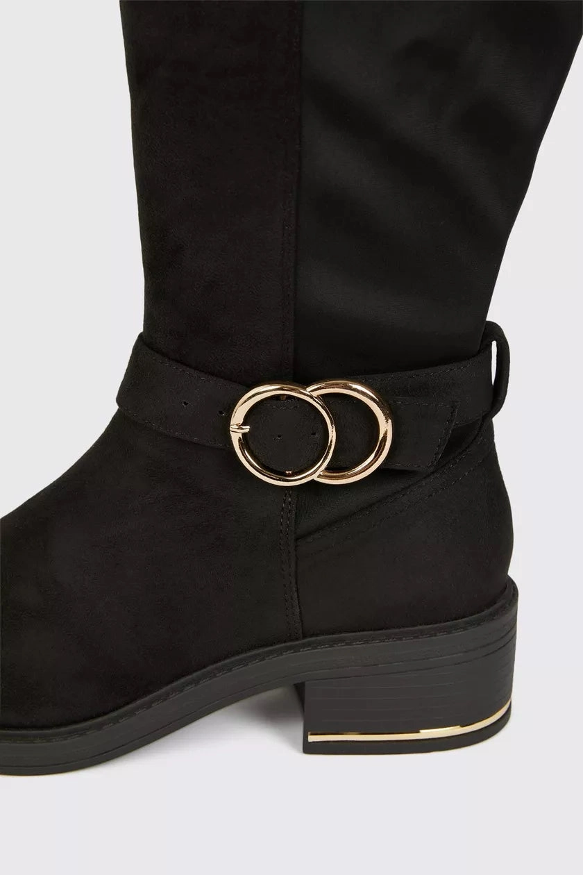 Wide Fit Kenya Buckle Detail Boot Black Suede Flat Boots Knee High