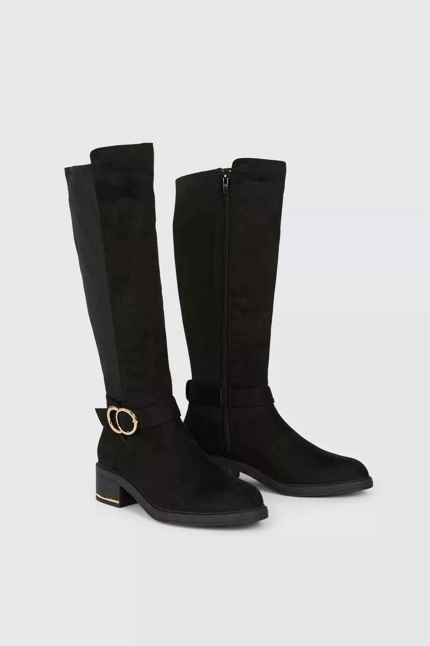 Wide Fit Kenya Buckle Detail Boot Black Knee High Boots Snakeskin