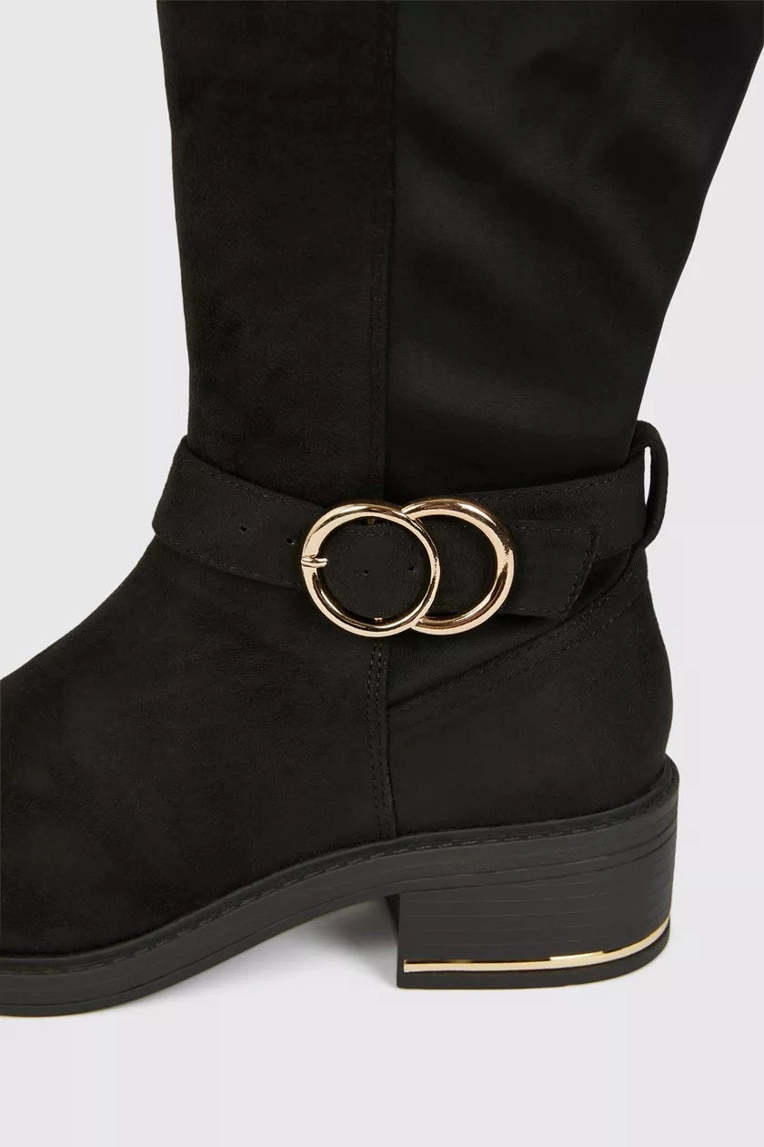 Wide Fit Kenya Buckle Detail Boot Black Suede Knee High Heeled Boots - Maryana Block