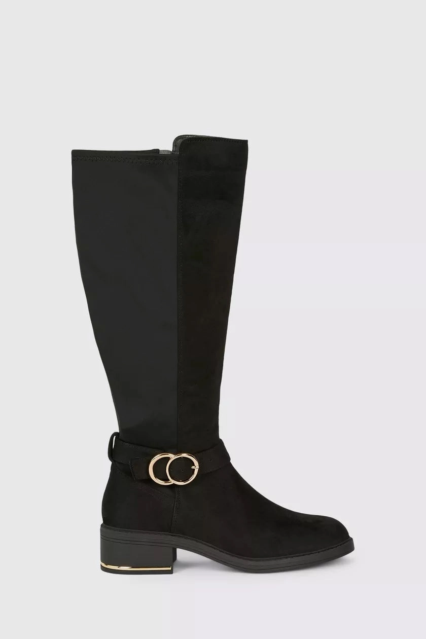 Knee High Boots Cowgirl Wide Fit Kenya Buckle Detail Boot Black