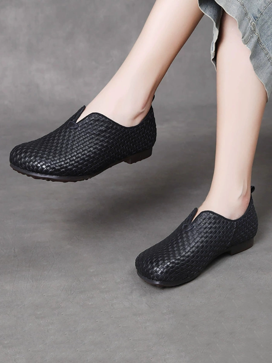 Showroom Women Weave Autumn Shoes Leather Vintage Genuine
