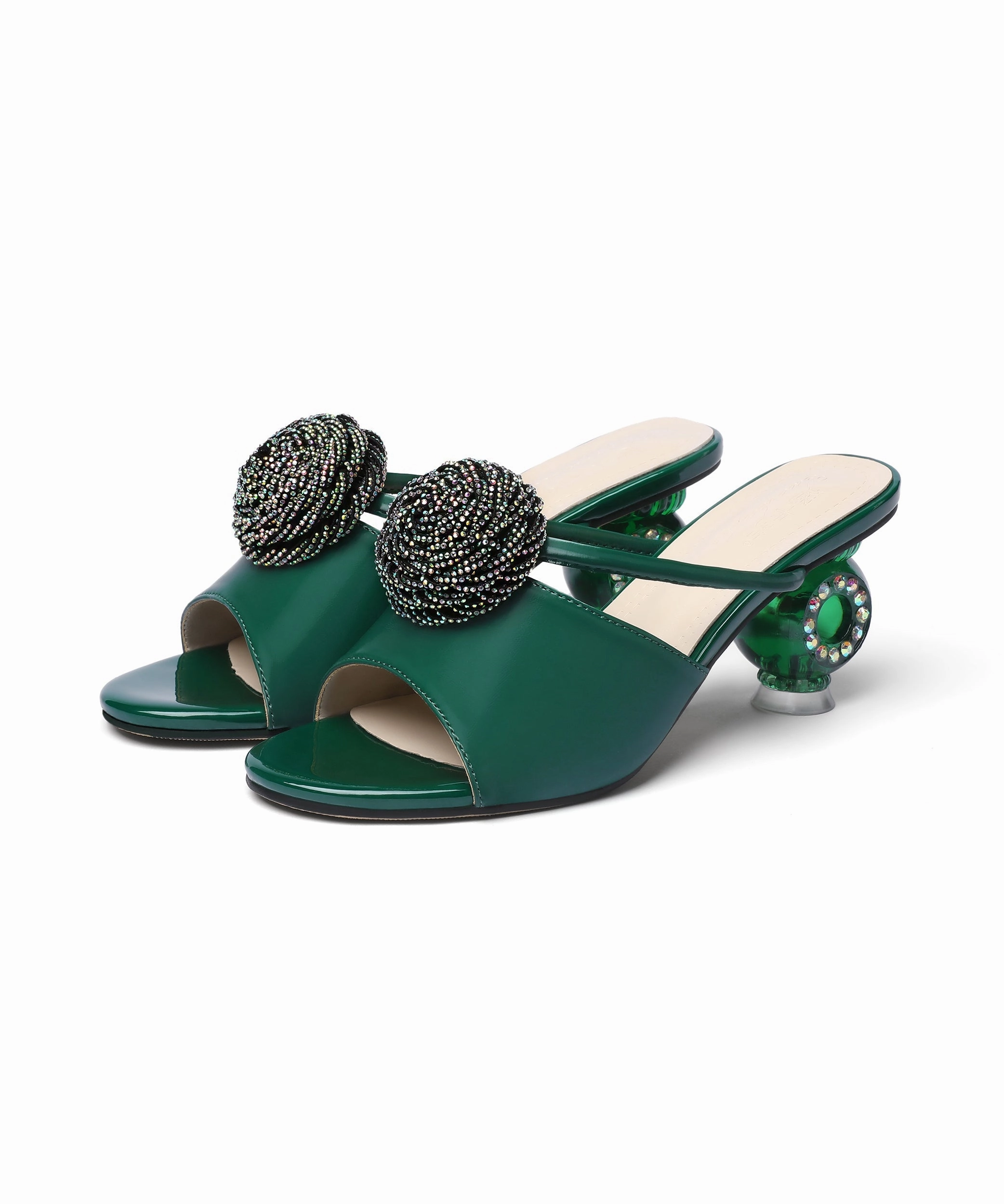 Water Sandals For Hiking Women Crystal Chunky Heel Beige Slide Sandals Peep Toe XC1020