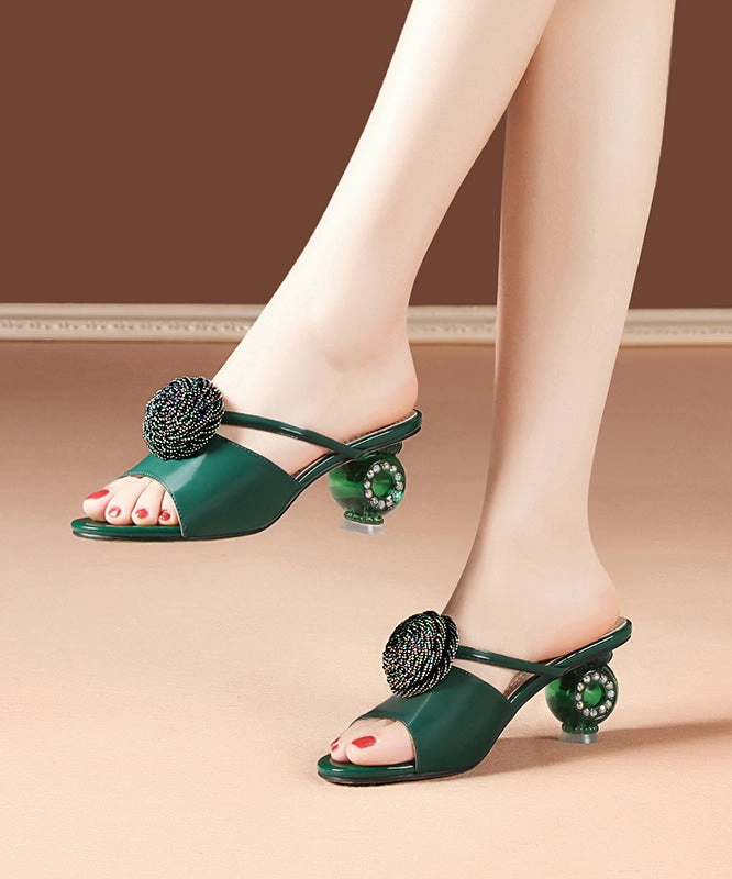 Women Crystal Chunky Heel Beige Slide Sandals Peep Toe XC1020 Sandals Rubber